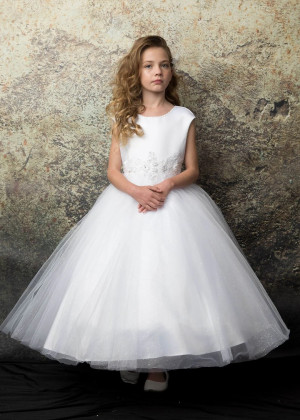 Pearl Neck White Satin Glitter Tulle Flower Girl Dress
